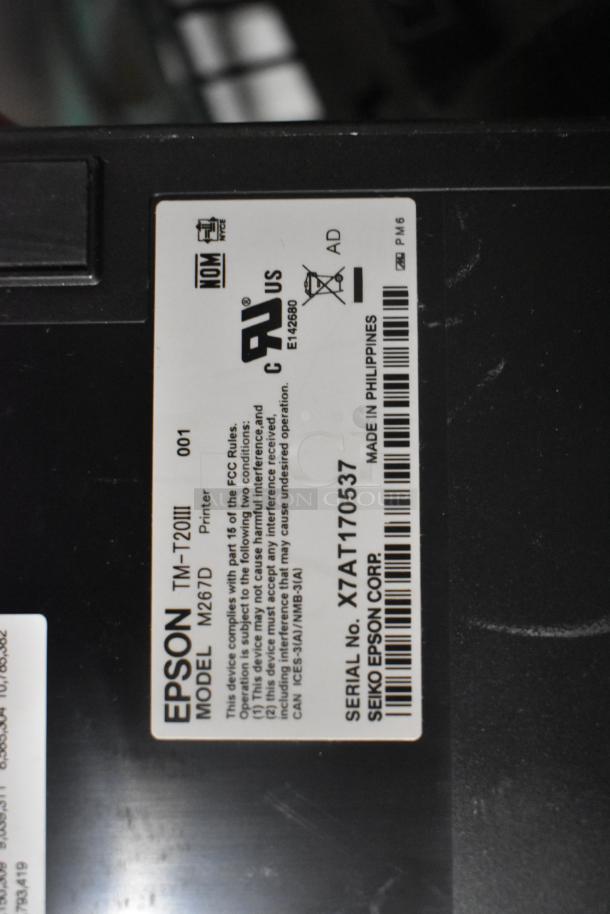 Epson M267D receipt printer label showing model TM-T20III, serial X7AT170537, and Made in Philippines marking.
