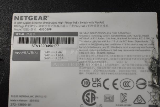 Netgear GS308PP 8-port Gigabit Ethernet switch label with specifications and serial number 6TV122D450177.