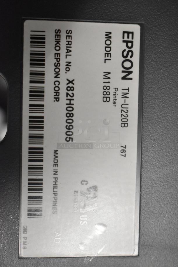 Epson TM-U220B M188B printer label showing serial number X82H080905, made by Seiko Epson Corp, Philippines.