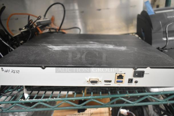 Auction lot of electronics includes SNBC BTP-M300, Epson M267D, Epson M188B printers, Netgear GS308PP, open sign.