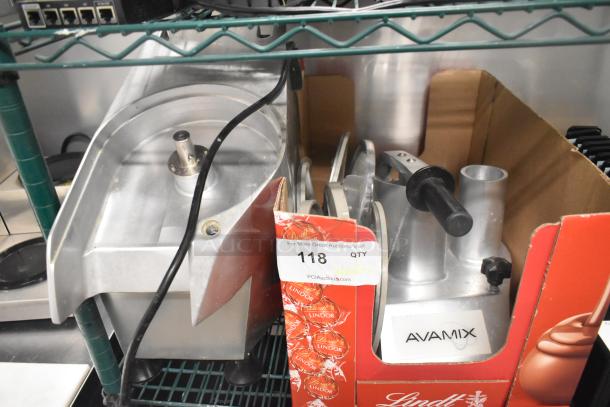 AvaMix 177CFP5D metal commercial food processor, 120V, in good condition, with continuous feed, labeled with brand logo.