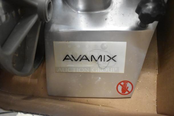 AvaMix 177CFP5D metal commercial food processor with visible brand logo. 120 volts, continuous feed design.