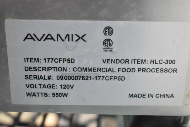 AvaMix 177CFP5D metal commercial continuous feed food processor label showing item details, 120V, 550W, made in China.