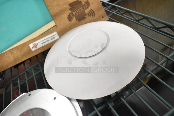 5-item set includes Unifin speaker and Wearson LCD monitor stand, visible marks on "I Pour It" tag, in fair condition.