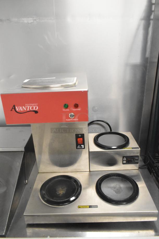 Avantco 177CMA3L stainless steel 3-burner coffee machine, featuring heating controls, in good condition for commercial use.