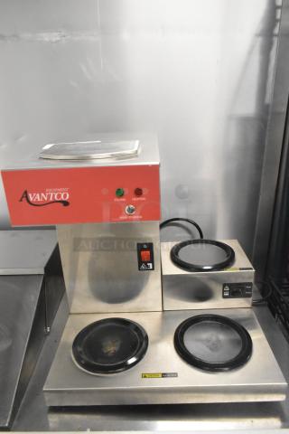 Avantco 177CMA3L stainless steel 3-burner coffee machine, featuring heating controls, in good condition for commercial use.