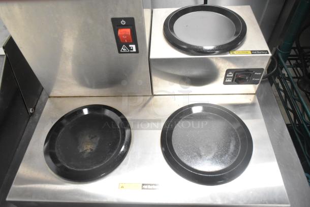 Avantco 177CMA3L Stainless Steel 3 Burner Coffee Machine, 120V, 1 Phase, red power switch, "Caution Hot Surface" labels.