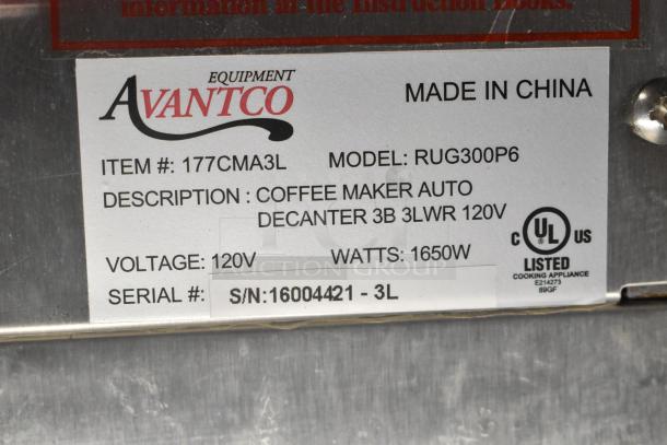 Avantco 177CMA3L RUG300P6 coffee machine label showing model, voltage, wattage, and UL certification details.