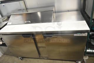 Beverage Air SPE60HC-10 stainless steel sandwich prep table, mega top, two doors, on wheels, 115V, 1 phase.