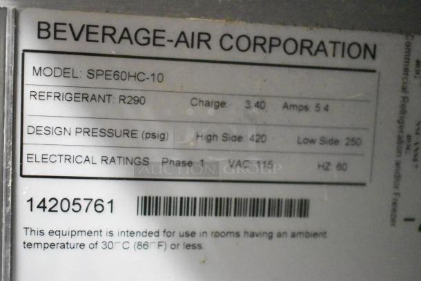 Beverage Air SPE60HC-10 prep table label showing electrical and refrigerant specs: 115 volts, R290 refrigerant.