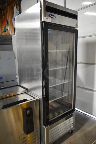 2024 Atosa MCF8705GR stainless steel single door cooler merchandiser, poly-coated racks, one caster missing, 115V, 1 phase.