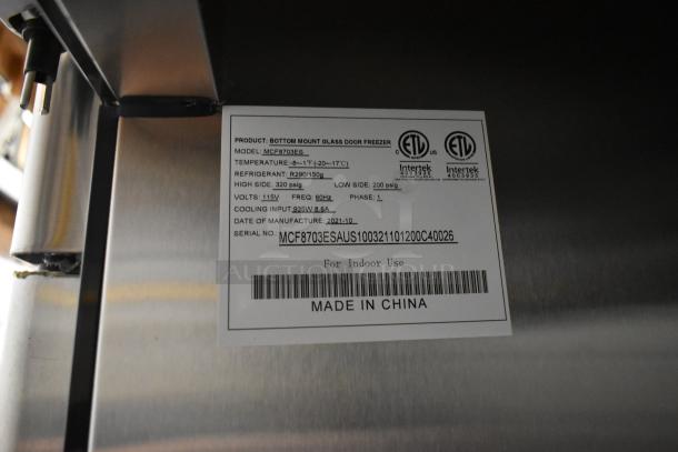 2021 Atosa MCF8703ES commercial freezer; stainless steel; 2 doors; missing left door; 115V, 1 phase; poly racks; on casters.