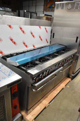 BRAND NEW Cooking Performance Group S60-N 60" gas range, 10 burners, 2 ovens, over shelf, 360,000 BTU, stainless steel.