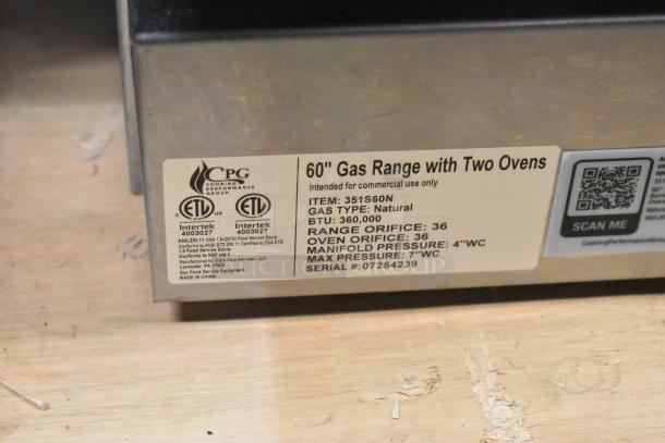 BRAND NEW 2025 CPG 351S60N Stainless Steel 60" Gas Range, 10 Burners, 2 Ovens, 360,000 BTU, label details shown.