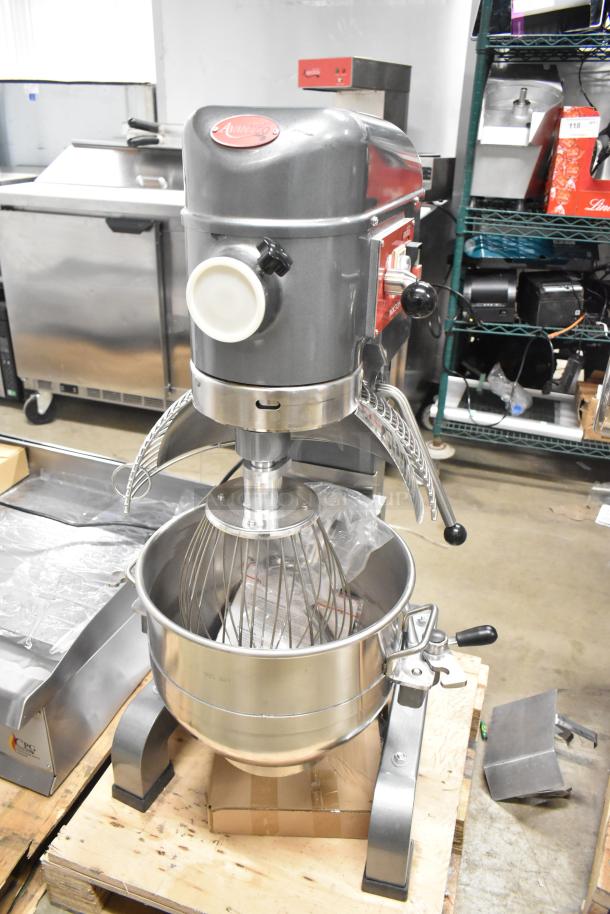 Brand new Avantco 177MX30H 30 Qt. planetary floor mixer, includes mixing bowl, bowl guard, and whisk attachment.
