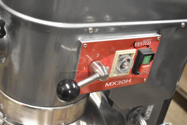 Brand new Avantco 177MX30H 30 Qt. Planetary Floor Mixer, metal finish, with bowl, guard, whisk, 3-speed control, 120V.