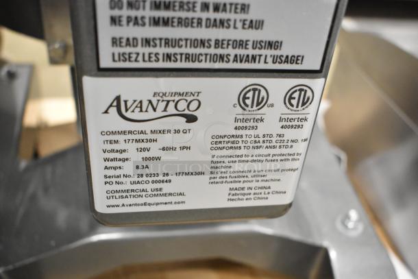 Brand new Avantco 177MX30H 30 Qt. commercial mixer with bowl, guard, and whisk. 120V, 1 phase, label details specs.