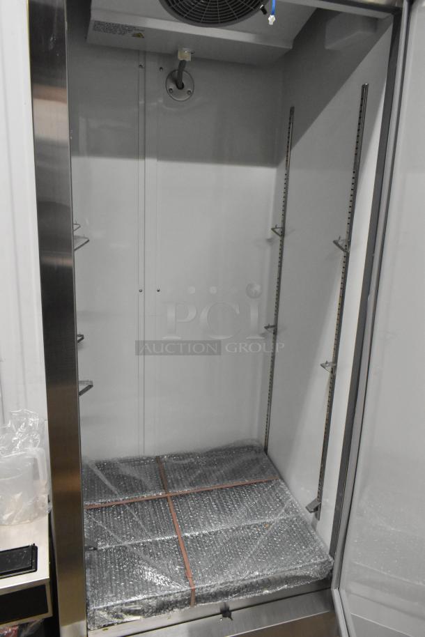 Brand new 2024 Avantco 178A19FHC stainless steel single door freezer, scratch and dent, with poly coated racks. 115V, 1 phase.