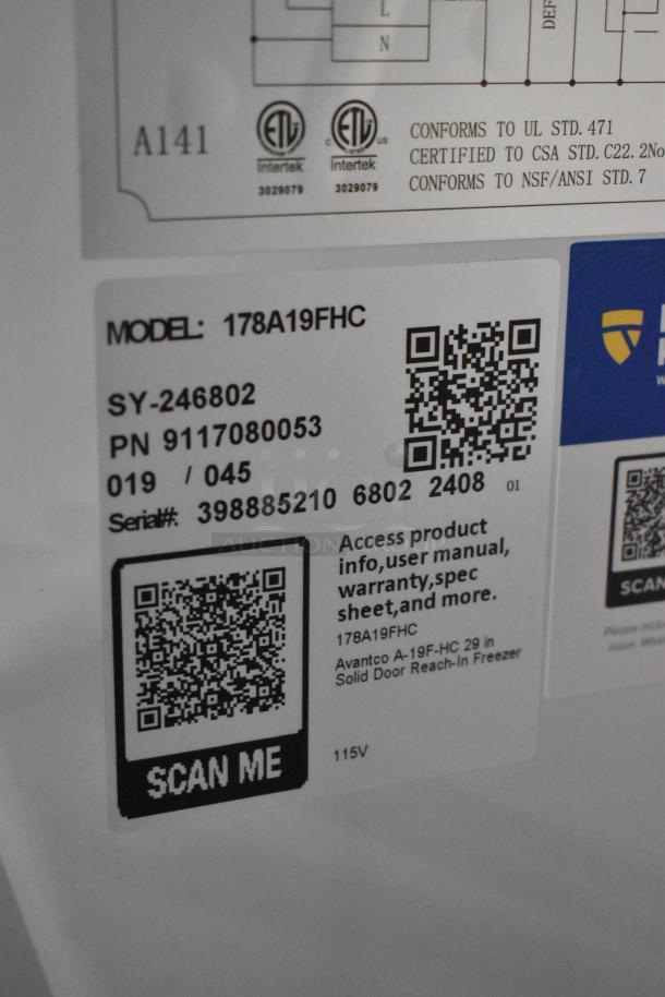 Brand new Avantco 178A19FHC stainless steel commercial freezer with poly coated racks, 115V, 1 Phase. Model and certification labels visible.