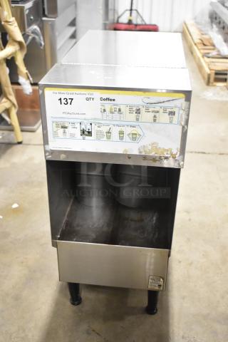 Bunn ICDD-3 stainless steel reservoir stand with dual container storage, moderate wear, labeled instructions visible on the front.