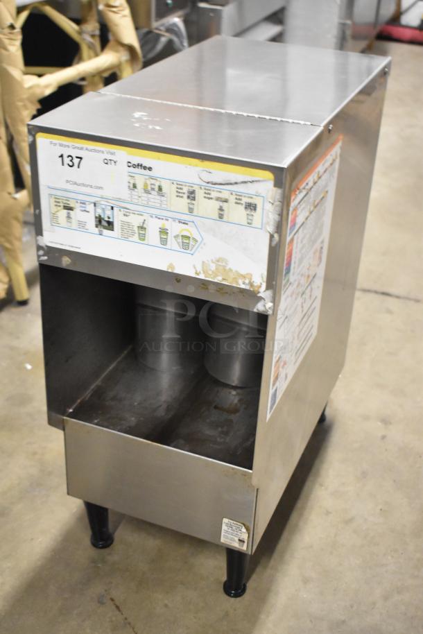 Bunn ICDD-3 stainless steel reservoir stand, used condition. Features worn instructional labels. Model ICDD-3 by Bunn.