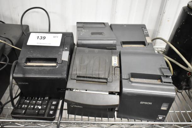 Auction items featuring a metal cash drawer, five Epson receipt printers, a keyboard, and a computer monitor. Lot of 9.