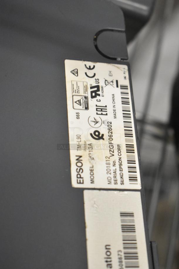 9-item lot featuring a metal cash drawer, 5 Epson TM-L90 receipt printers (model M313A), keyboard, and monitor.