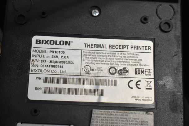 Label on Bixolon thermal receipt printer model PR10135, 24V, 2.0A, with compliance and certification markings.