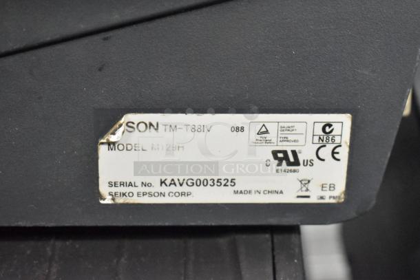 Epson TM-T88IV receipt printer label, model M129H, serial KAVG003525, indicating manufacturer Seiko Epson Corp, made in China.