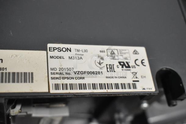 Epson TM-L90 printer label showing model M313A, serial VZGF006281, made in China.
