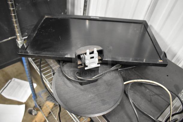 Lot of 9 items: metal cash drawer, 5 Epson receipt printers, keyboard, and monitor. Includes cables. Good condition.