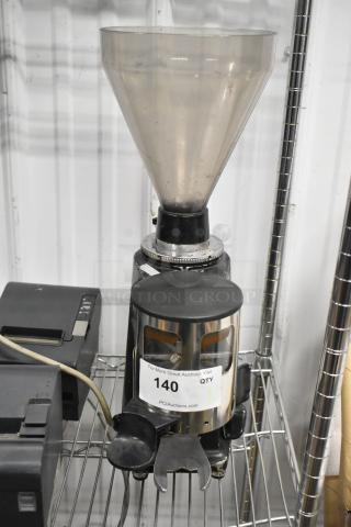 Magister M MD LA espresso machine, metal, commercial, countertop model, missing lid, 115V, 1 phase, auction tag visible.