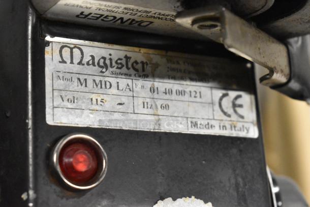 Magister M MD LA espresso machine label shows model, 115 volts, Italian-made. Missing lid, countertop-type.