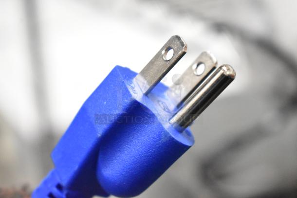 Close-up of a blue three-prong plug from a Lavex 457LWVAC12 vacuum cleaner, indicating 120V compatibility.