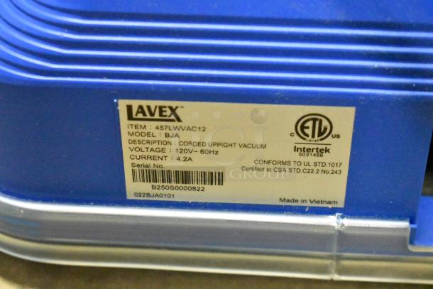 Lavex 12" upright bagged vacuum model 457LWVAC12, 120V, new with minor scratches, ETL certified, made in Vietnam.
