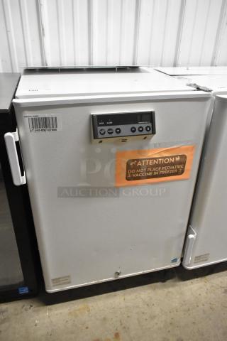 PHCbi SF-L6111W stainless steel undercounter freezer, single door, 115V, control panel, and caution label visible.