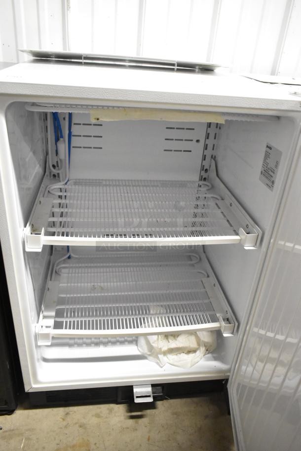 PHCbi SF-L6111W undercounter freezer, stainless steel, single door, 115V, 1 phase, interior wire shelves, visible label.