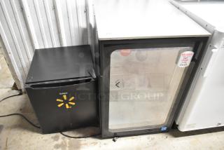 Imbera EVD04 and Galanz GL17BK mini coolers. Imbera has glass door with decals; Galanz is black. Both 115V, 1 phase.
