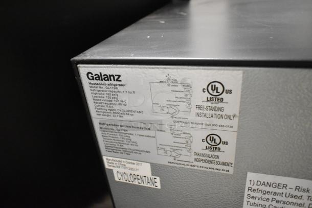 Galanz GL17BK Mini Cooler label detailing specs such as 1.7 cu. ft. capacity, 120 VAC voltage, and UL certification.