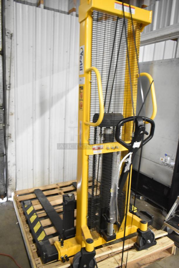 BRAND NEW Vestil VHPS-2000-AA metal manual stacker, 2,000 lb capacity, adjustable legs/forks, minor scratches/dents.
