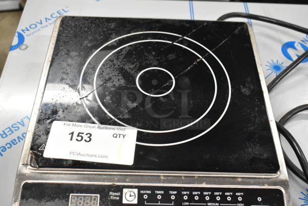 2023 Sir Lawrence SLIN1800 induction range, stainless steel, single burner. Crack visible on glass top. 120V, 1 phase.