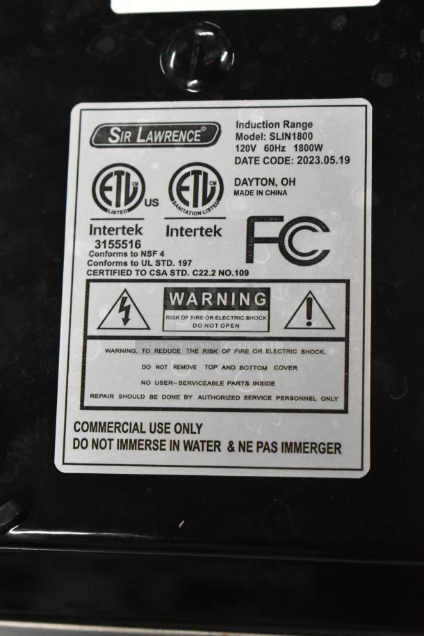2023 Sir Lawrence SLIN1800 induction range, stainless steel, single burner, electric, crack in glass, 120V, 1 phase.