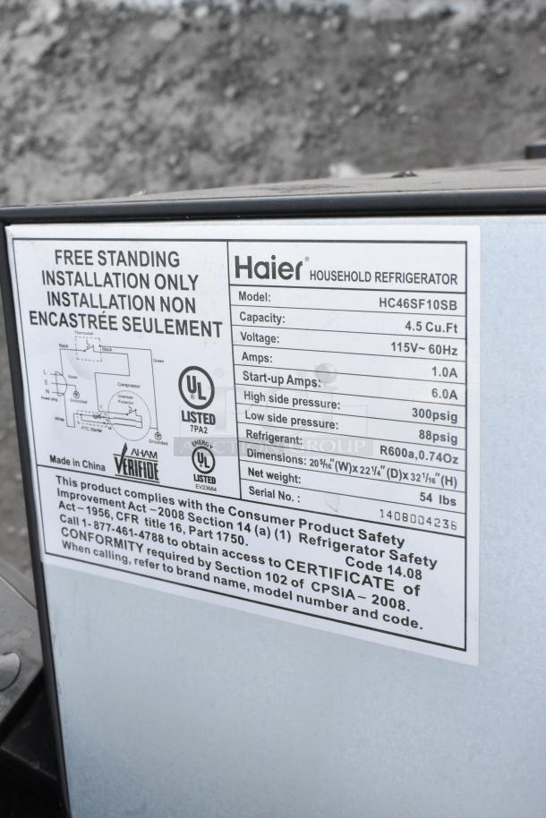 Label of Haier HC46SF10SB Mini Cooler, 4.5 cu ft, 115V, dimensions 20.5"W x 22.4"D x 32.1"H, serial 140804235.