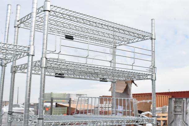 2 chrome wire shelving units, sturdy construction, multiple adjustable shelves, buyer must dismantle for transport.