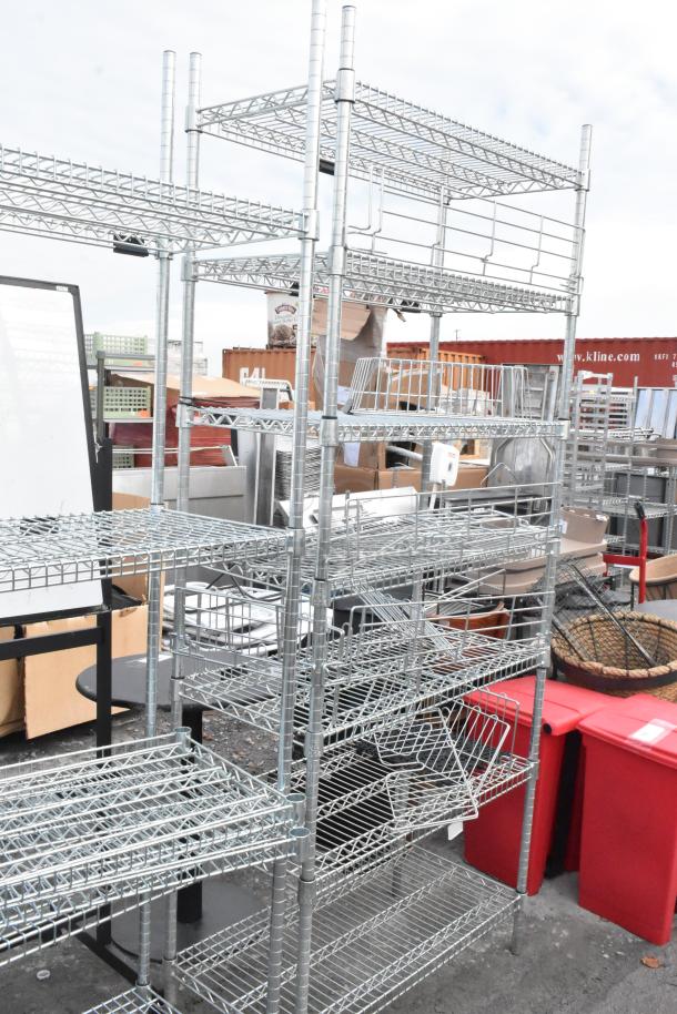 Two chrome finish wire shelving units, various tiers, buyer must dismantle. Used; consider freight charges.