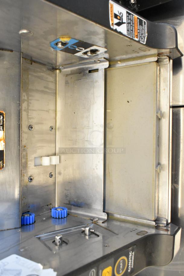 Autec Audio-Technica ASM865A sushi maker machine, stainless steel, 120V, 1 Phase. Visible blue gears, control panel, and labels.