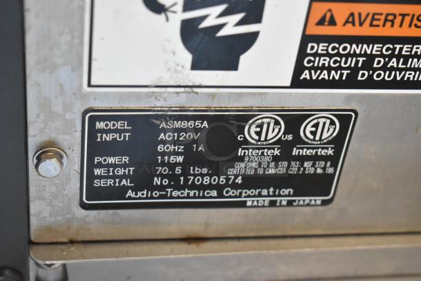 Autec Audio-Technica ASM865A stainless steel sushi maker machine label showing model, voltage, power, weight, and serial number.