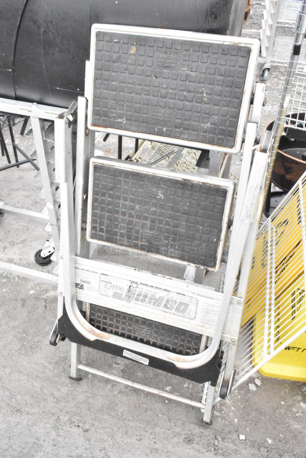 Metal ladder with black treads, visible wear; includes wet floor cones.