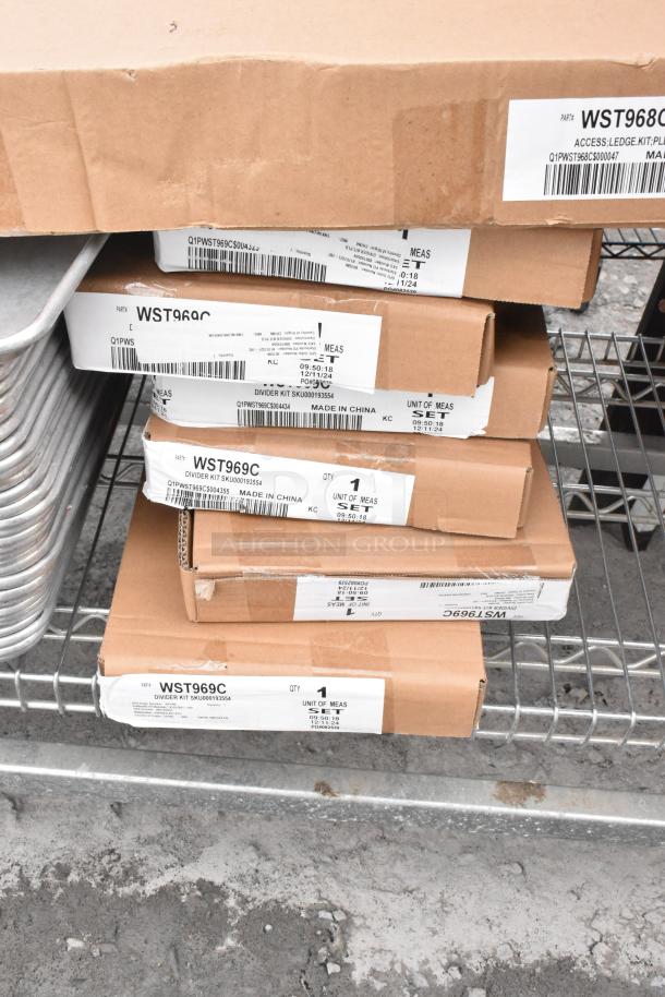 Chrome shelving unit with metal baking pans, WST969C divider kits. Buyer must dismantle. Labels indicate made in China.