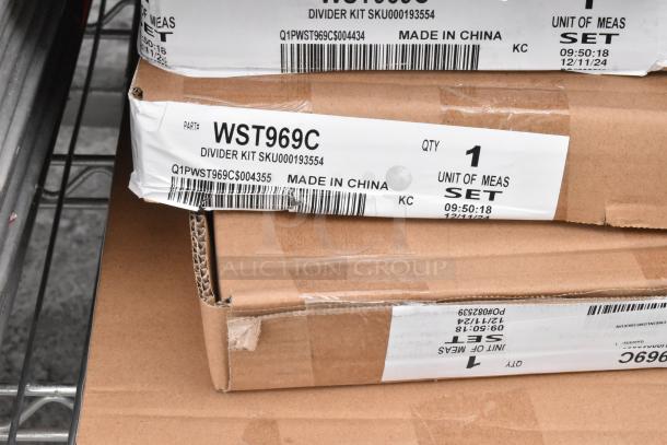 Chrome shelving unit with metal baking pans and WST969C divider kits. Includes labeled boxes. Buyer must dismantle.